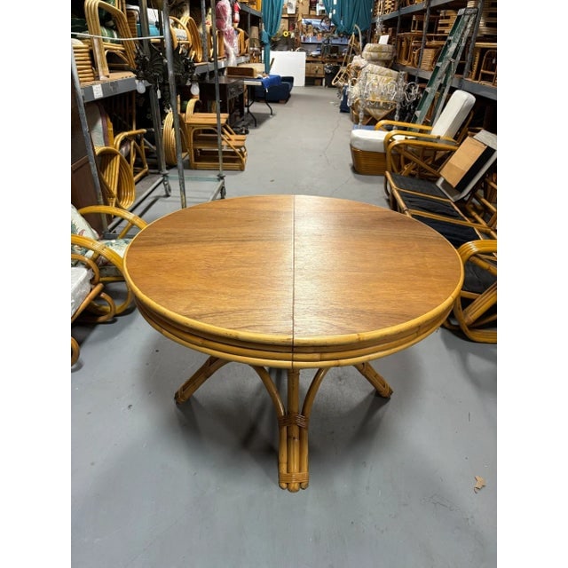 1950s Restored Round Rattan & Mahogany Dining Table W/ Leaf - 9
