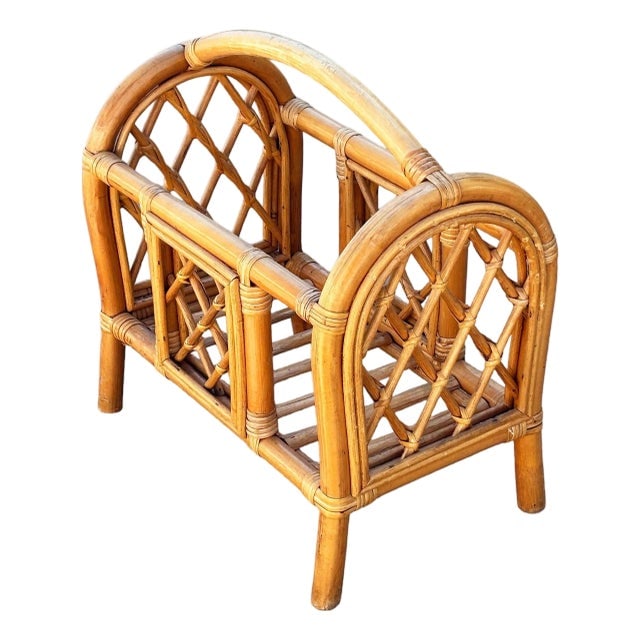 Restored Mid 20th Century Rattan "Triumphal Arch" Magazine Rack With Handle: Title: Restored Mid 20th Century Rattan "Triumphal Arch" Magazine Rack With Handle Description: This beautifully restored lattice rattan magazine holder or small storage table blends style and