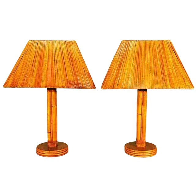 Restored Vintage Rattan Pole Lamps With Split Rattan Lamp Shade, Pair (1 of 5)
