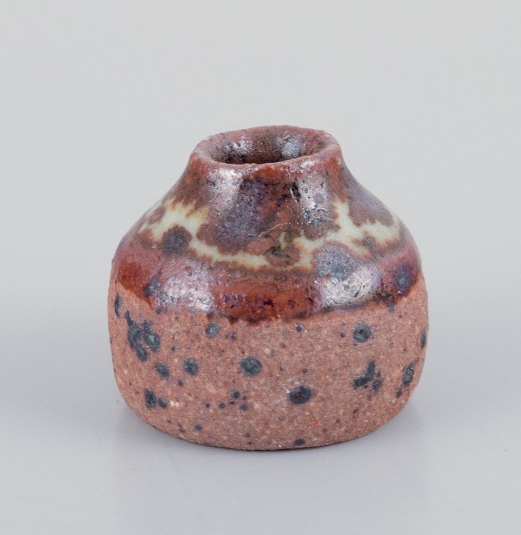 Stouby Keramik, Denmark, a collection of nine miniature ceramic vases with glaze in brown and sandy - 7
