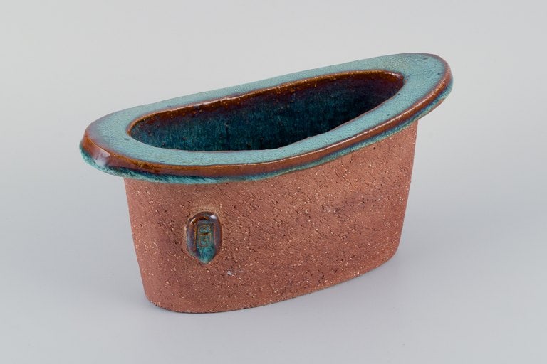 Curt Addin, large bowl in chamotte clay. Interior with turquoise glaze. - 4