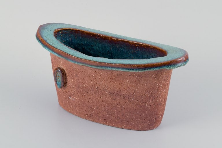 Curt Addin, large bowl in chamotte clay. Interior with turquoise glaze. - 5