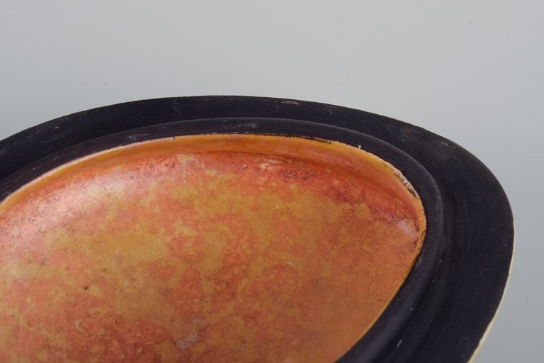 Hans Hedberg for Biot, France, egg-shaped lidded jar. Unique ceramic piece. Glaze in yellow and - 7