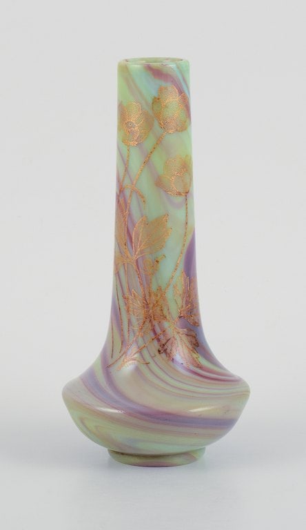Sevres, French art glass vase with hand-painted marble decoration and gold-decorated flower bouquet. - 3