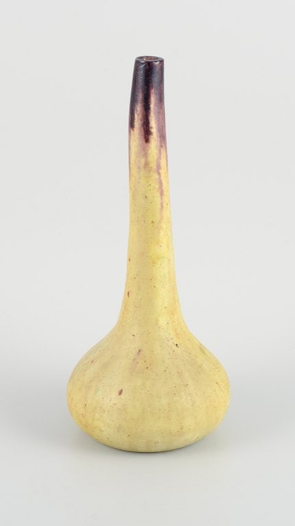 European studio ceramicist, tall narrow-necked unique ceramic vase in yellow and brown decoration. - 3