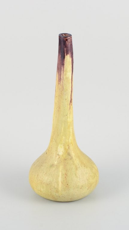 European studio ceramicist, tall narrow-necked unique ceramic vase in yellow and brown decoration. - 4