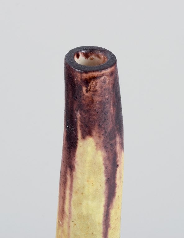European studio ceramicist, tall narrow-necked unique ceramic vase in yellow and brown decoration. - 5