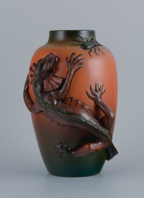 Ipsens, Denmark. Vase in hand-painted glazed ceramic with lizard and beetle. (1 of 6)