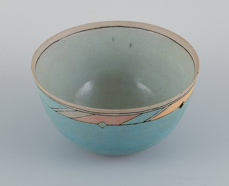 Ane-Katrine von Bülow, Danish contemporary ceramicist. Unique bowl in turquoise with geometric - 5