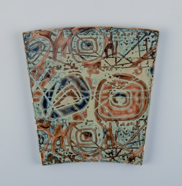 Royal Copenhagen, six Baca faience tiles with patterned glaze in brown, blue and green. - 4