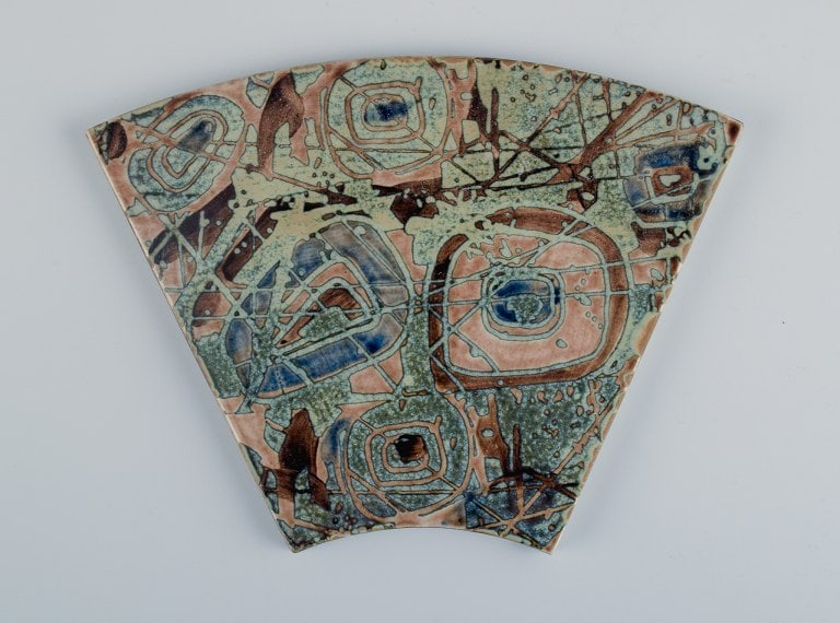 Royal Copenhagen, six Baca faience tiles with patterned glaze in brown, blue, green and sand - 5