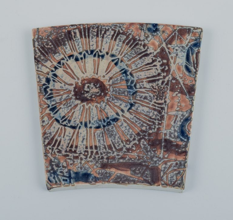 Royal Copenhagen, six Baca faience tiles with patterned glaze in brown, blue and green. - 4