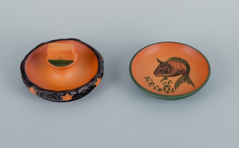 Ipsen's, Denmark. Two small bowls with glaze in orange-green shades. - 2