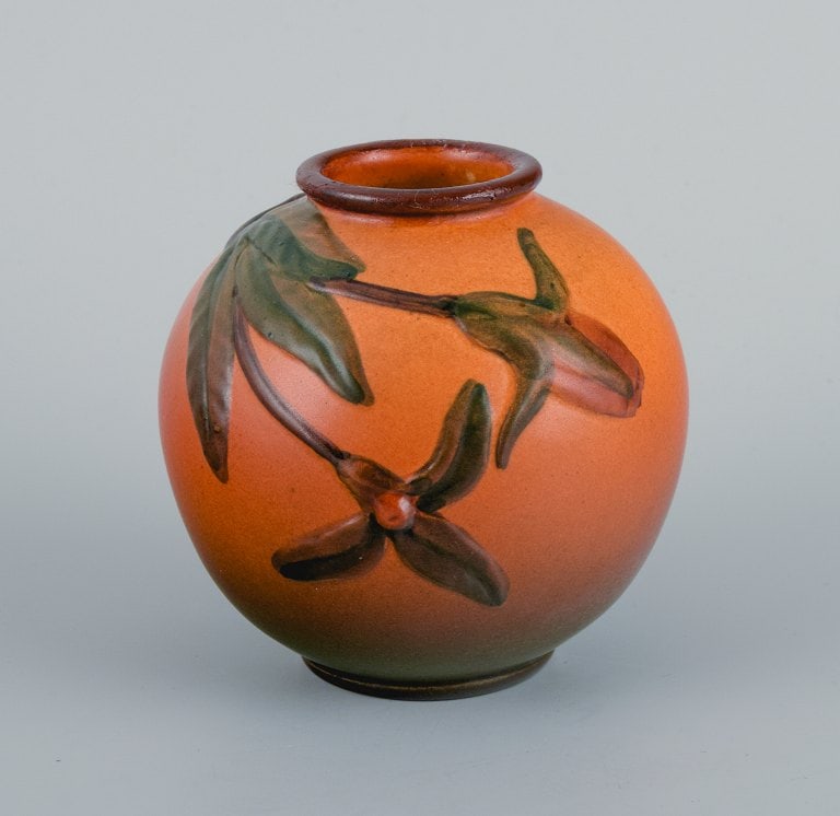 Ipsen's, Denmark. Two small vases with glaze in orange-green shades. - 3