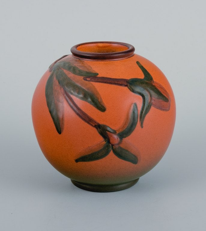 Ipsen's, Denmark. Two small vases with glaze in orange-green shades. - 5