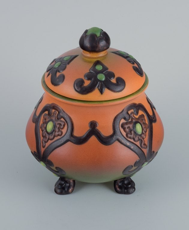 Ipsens, Denmark, beautiful Art Nouveau jar with glaze in orange and green tones. - 3