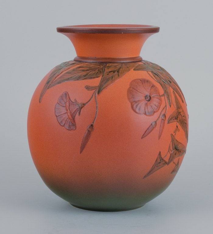 Ipsens, Denmark, vase with flowers and butterfly. Glaze in orange and green tones. - 3