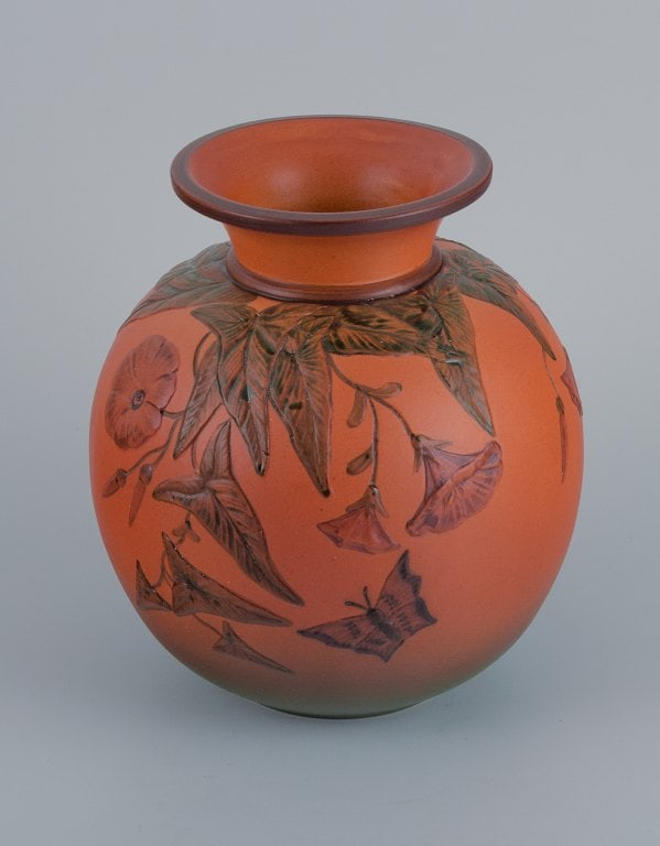 Ipsens, Denmark, vase with flowers and butterfly. Glaze in orange and green tones. - 4