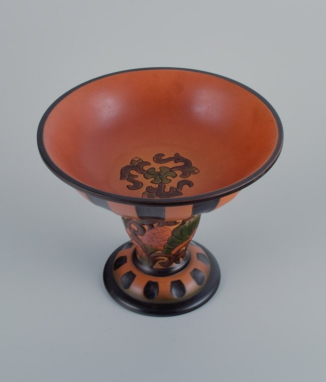 Ipsens, Denmark, Art Nouveau faience compote, decorated with foliage and flowers. - 4
