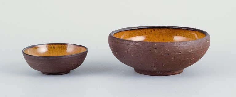 Osa, Denmark. Two small retro unique ceramic bowls with glaze in yellow-brown tones. - 3