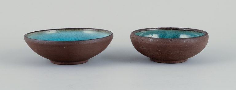 OSA, Denmark. Two small retro unique ceramic bowls with glaze in turquoise tones. - 3