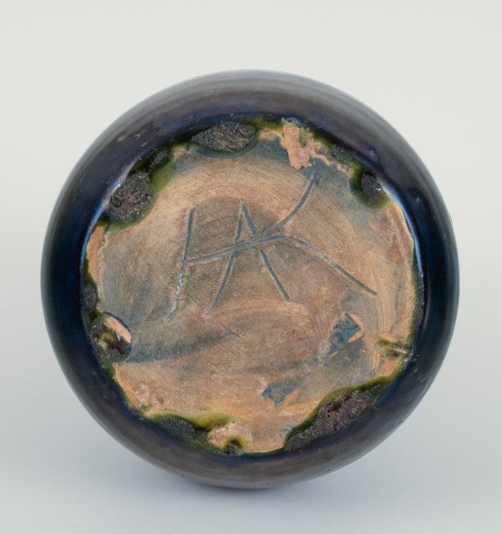 Kähler vase with blue glaze and motif of flowers and branches. - 6