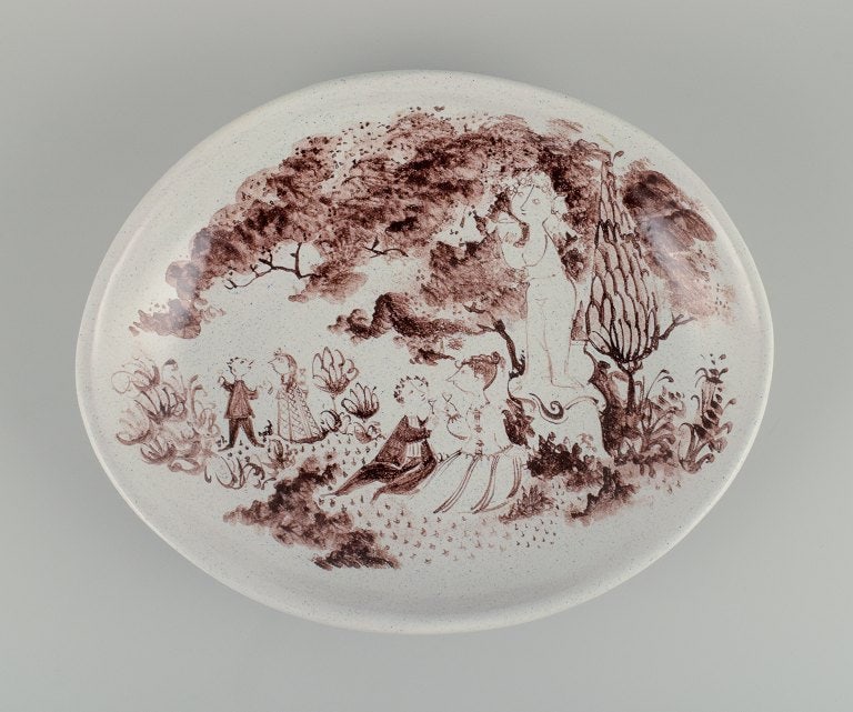 Bjørn Wiinblad, large, early unique hand-painted dish decorated with romantic scenery in a - 3