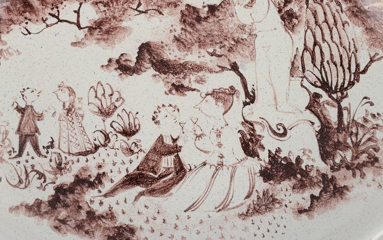Bjørn Wiinblad, large, early unique hand-painted dish decorated with romantic scenery in a - 5