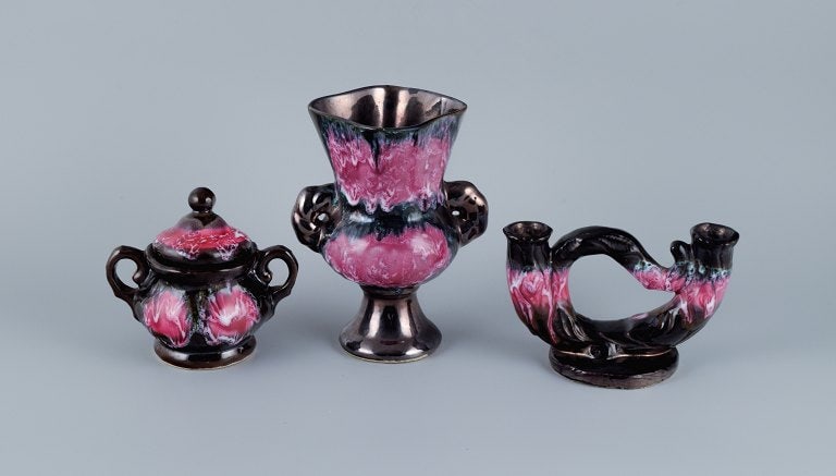 Valluris, France, Lidded bowl, two-armed candlestick and a vase. - 3