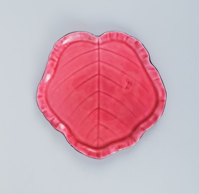 Vallauris, France, three leaf-shaped dishes in brightly colored glazes in shades of pink, violet and - 3