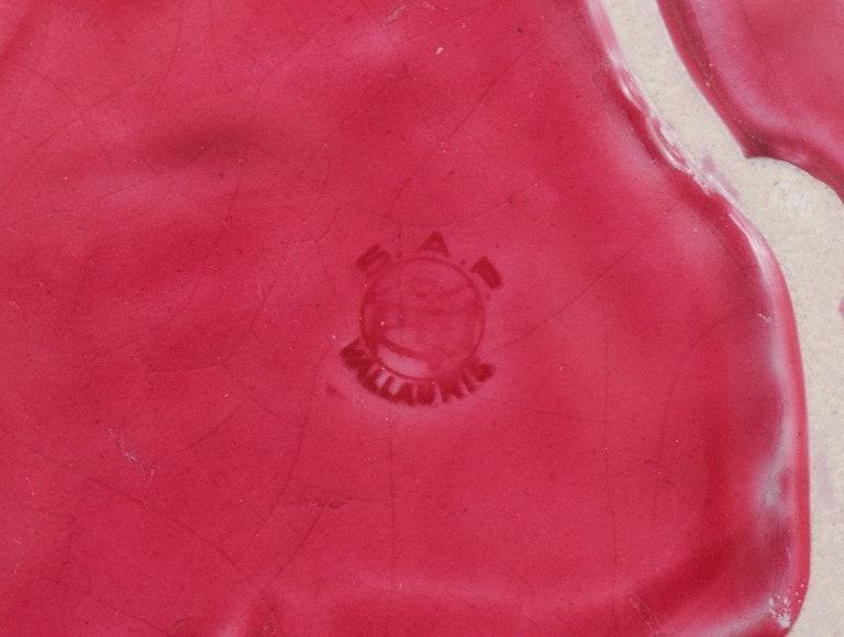 Vallauris, France, three leaf-shaped dishes in brightly colored glazes in shades of pink, violet and - 4