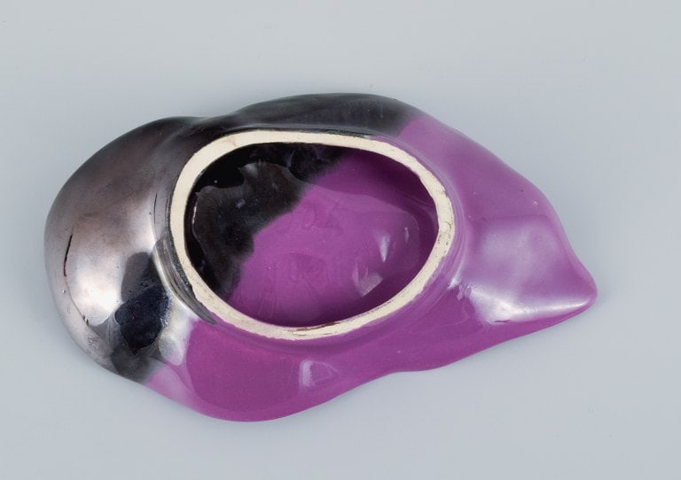 Vallauris, France, three leaf-shaped dishes in brightly colored glazes in shades of pink, violet and - 6