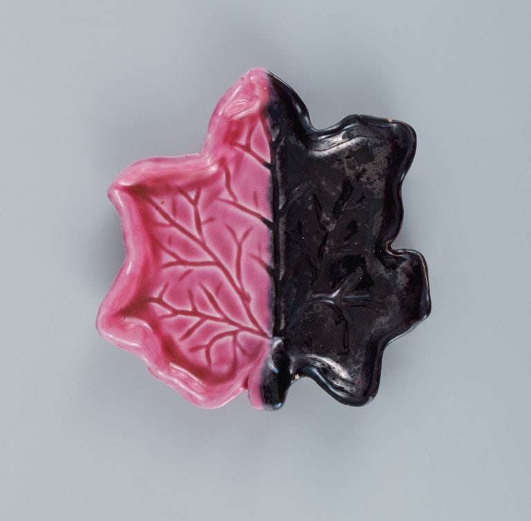 Vallauris, France, three leaf-shaped dishes in brightly colored glazes in shades of pink, violet and - 7