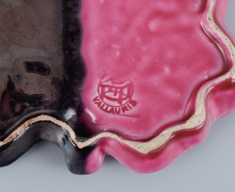 Vallauris, France, three leaf-shaped dishes in brightly colored glazes in shades of pink, violet and - 8