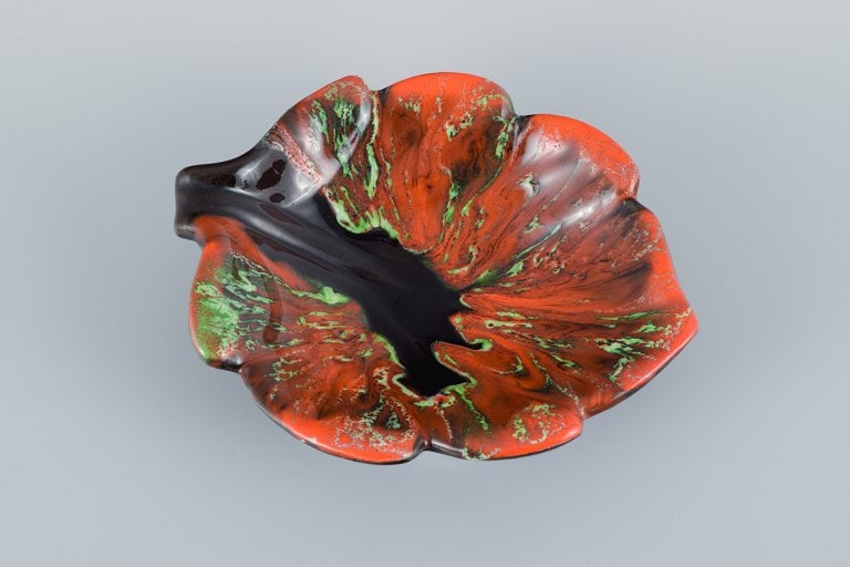 Vallauris, France, two leaf-shaped dishes in brightly colored glazes. - 3