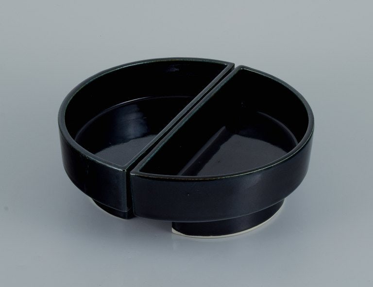 European studio potter. Two-piece unique bowl in black glaze. - 2