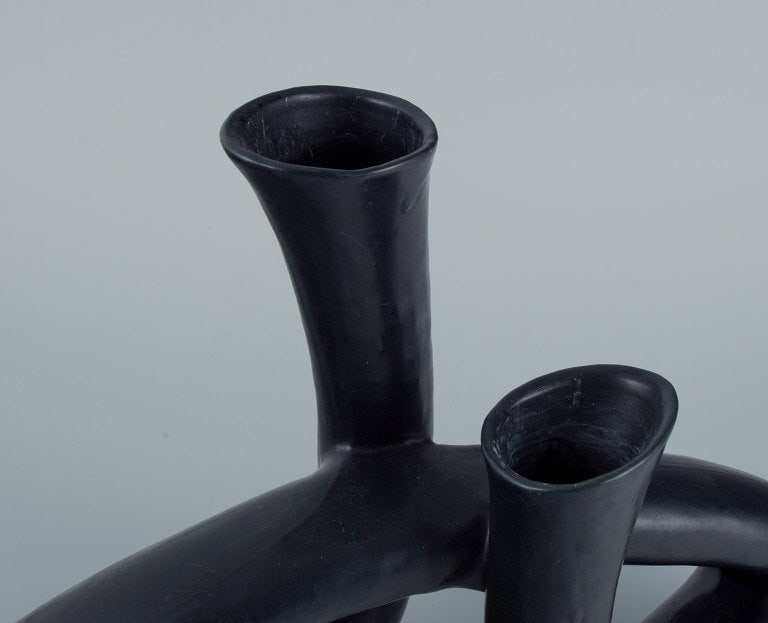 European studio ceramicist. Unique twisted vase in black glaze. - 7