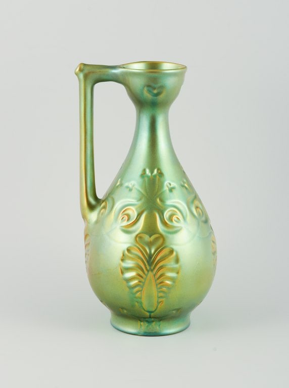 Zsolnay, Hungary. Large ceramic jug with eosin glaze modeled with foliage. - 3