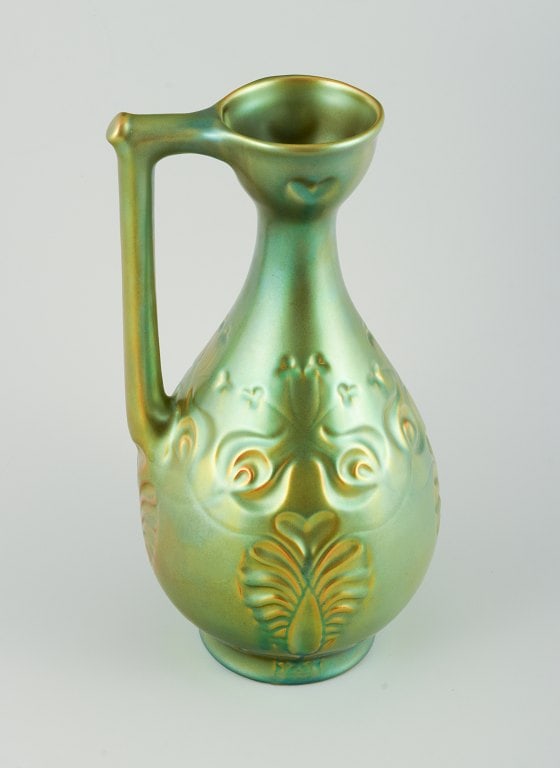Zsolnay, Hungary. Large ceramic jug with eosin glaze modeled with foliage. - 4
