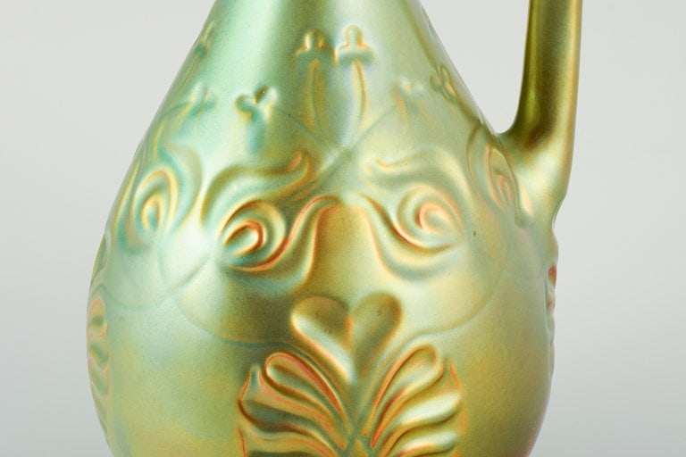 Zsolnay, Hungary. Large ceramic jug with eosin glaze modeled with foliage. - 5