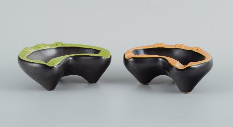 Vallauris, France, two ceramic bowls with yellow and green glazes on a black base. - 3