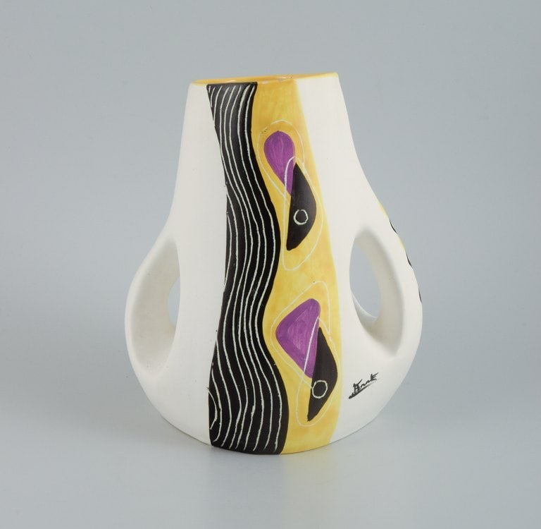 Vallauris, Unique ceramic vase in organic form. Hand painted with abstract motif. - 3