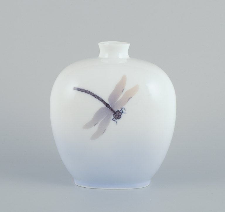 Royal Copenhagen, Art Nouveau porcelain vase decorated with a flower and dragonfly motif. - 4