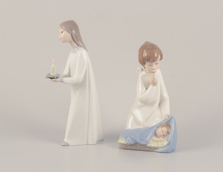 Lladro, Spain. Two porcelain figurines. Girl with a nightstand lamp and an angel figurine with a - 2