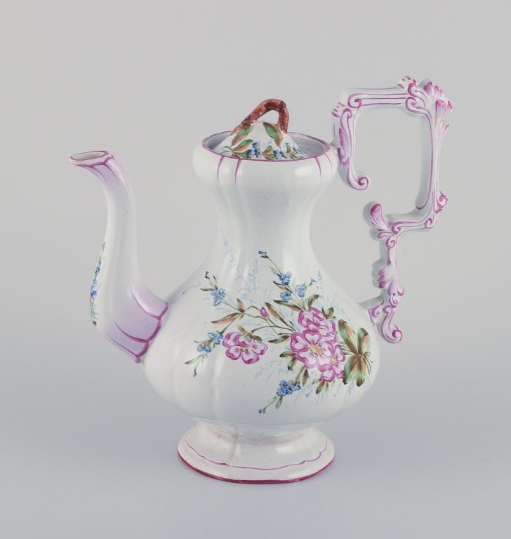 Emile Gallé (style of). Large coffee pot in faience with motifs of flowers and insects. - 4