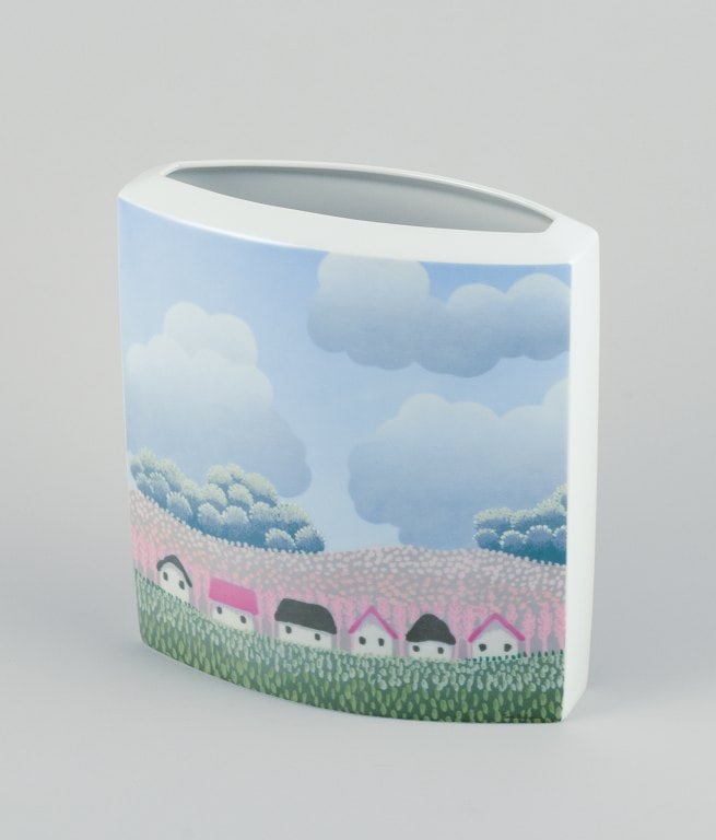 Ivan Rabuzin for Rosenthal, Germany. Studio-Linie. Large porcelain vase. Naive motif of houses in a: Ivan Rabuzin for Rosenthal, Germany. Studio-Linie. Large porcelain vase. Naive motif of houses in a landscape. Model number 3512/24. Late 20th century. Marked. Perfect condition. First factory quality