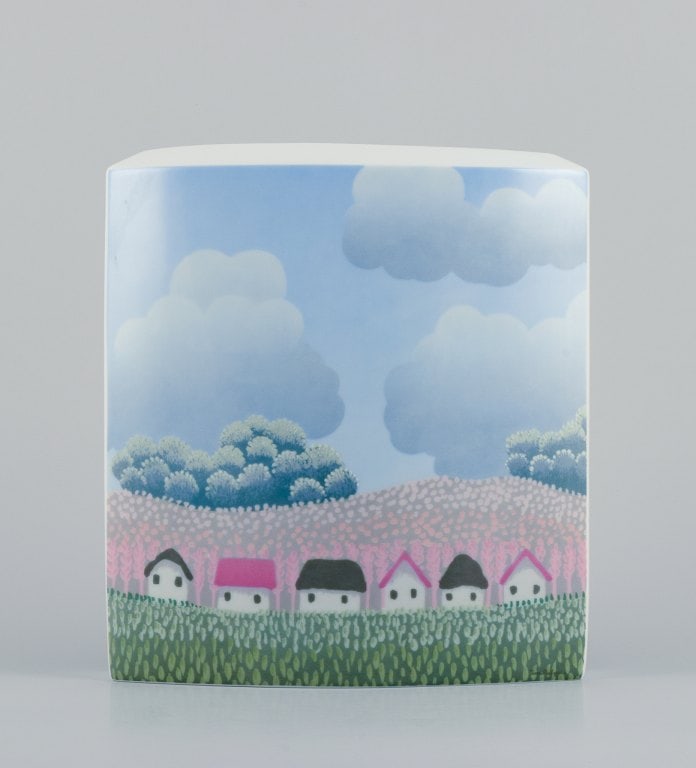 Ivan Rabuzin for Rosenthal, Germany. Studio-Linie. Large porcelain vase. Naive motif of houses in a - 4