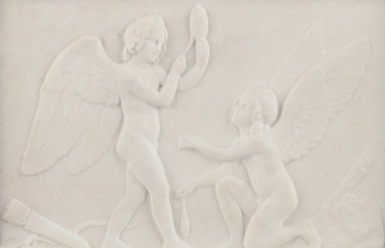 Bertel Thorvaldsen for Royal Copenhagen. Amor and Hymen spins the thread of life. Biscuit relief. - 4