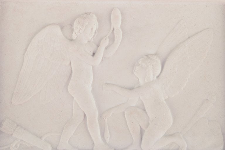 Bertel Thorvaldsen for Royal Copenhagen. Amor and Hymen spins the thread of life. Biscuit relief. - 5