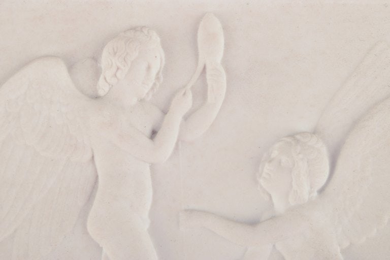 Bertel Thorvaldsen for Royal Copenhagen. Amor and Hymen spins the thread of life. Biscuit relief. - 6
